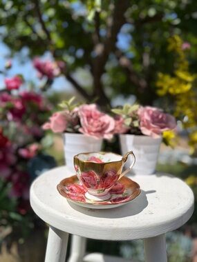 Othr Pink Rose Porcelain Teacup and Saucer with Gold Trim